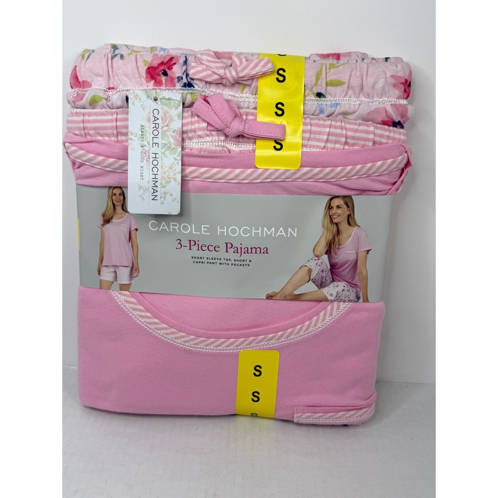 Carole Hochman Womens 3-Piece Pajama Set Pink Floral Cotton Small Capri Shorts